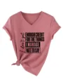 Γυναικείο casual T-shirt με V-λαιμόκοψη και κοντό μανίκι με τύπωμα γραμμάτων και κόμπο. - S / Tops / Ροζ Χρυσό (Μαύρη Γραμματοσειρά)