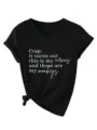 T-shirt femme noir décontracté col V manches courtes avec imprimé drôle et nœud ourlet. - Noir(3812)