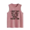 Détail de débardeur sans manches pour femme, tissu rose vintage avec impression citation. - S / Hauts / Or rose