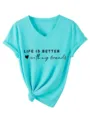Dames korte mouw V-hals t-shirt casual turquois top met letterprint en geknoopt zoom. - S / Tops / Diep Waterblauw