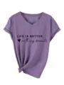 Paarse casual dames T-shirt met V-hals en korte mouwen en briefprint en knoop zoom. - S / Tops / Paars