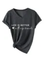 Dames casual V-hals korte mouw T-shirt met grafische print en stijlvol geknoopt zoomontwerp. - S / Tops / donkergrijs