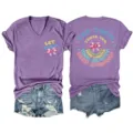 Women Casual V-Neck Short Sleeve T-Shirt Graphic Tee with Denim Shorts Set Purple - S / Tops / Purple