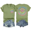 Olive green V-neck short sleeve graphic print T-shirt paired with stylish denim shorts. - S / Tops / Olive Green