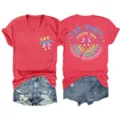 Casual women's V-neck short sleeve T-shirt with inspiring text print and matching denim shorts set. - S / Tops / Red