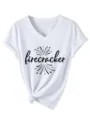Camiseta casual de mujer cuello en V blanca manga corta con estampado de fuegos artificiales. - S / Tops / Blanco (Fuente Negra)