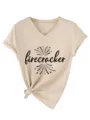 Mujer Cuello en V Manga Corta Camiseta Casual Top con Nudo e Impresión de Fuegos Artificiales - S / Tops / Arena (Fuente Negra)