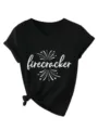 Camiseta negra de manga corta con cuello en V para mujer con estampado y nudo lateral. - Negro (Fuente Blanca)