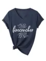 Camiseta Mujer Cuello V Manga Corta Casual Nudo Verano Estampado Top Firecracker - Azul Marino (Fuente Blanca)