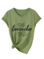 Camiseta casual de mujer con cuello en V y manga corta, nudo frontal y estampado de fuegos. - Verde Oliva (Fuente Negra)