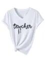 Women white v-neck short sleeve t-shirt casual tied knot top fashion tee with letter print. - S / Tops / White