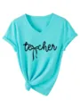 Women V-Neck Short Sleeve Casual T-Shirt Cute Bow Letter Print Summer Fashion Top - S / Tops / Deep Water Blue