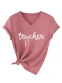 T-shirt décontracté pour femme col V manches courtes avec imprimé nœud de professeur rose. - S / Hauts / Or Rose (Police Blanche)