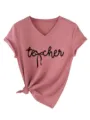 T-shirt décontracté pour femme à col en V et manches courtes avec nœud et imprimé élégant. - S / Hauts / Or Rose (Police Noire)