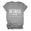 Casual grey women's short sleeve crewneck t-shirt featuring retired mode graphic print everyday. - S / Tops / Dark Gray