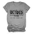 Grey women's short-sleeve crewneck t-shirt featuring a fun retired mode graphic print casual daily wear. - S / Tops / Dark Gray (Black Font)