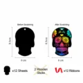 Kit de rascar de calavera de Halloween para niños con 12 hojas de arco iris, palitos y cintas. - Calavera Pequeña (GG-12) / Juego De 12 Piezas / Multicolor