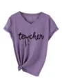 Femme Col V Manches Courtes T-Shirt Décontracté Violet Nœud Ourlet Imprimé Été Top - S / Hauts / Violet