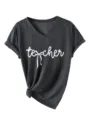 Femme T-shirt casual à col V et manches courtes avec imprimé lettre et ourlet noué. - S / Hauts / Gris Chiné Noir