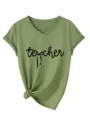 T-shirt décontracté pour femme à col V et manches courtes avec nœud et lettre - S / Hauts / Vert olive