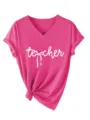 Femme Casual Col V Manches Courtes T-Shirt Rose avec Lettre Nœud Imprimer Été Mode Haut - S / Hauts / Rose rouge
