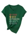 Dunkelgrünes V-Ausschnitt Grafik-T-Shirt Detail, cooler Mathe-Spruch und Frontknoten. - Vintage Grün