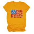 Close-up of the mustard yellow women's t-shirt showing the creative floral American flag print. - S / Tops / Mustard Yellow