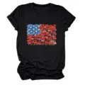 Women's black short sleeve t-shirt with patriotic floral American flag graphic print crew neck top - S / Tops / Burgundy