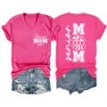 Damen V-Ausschnitt Kurzarm T-Shirt Senior Mom 2027 Brief Druck Casual Rosa Tops Neu - S / Oberteile / Fuchsia