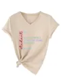 Casual women's V-neck short sleeve t-shirt featuring nursing student graphic print design. - S / Tops / Sand