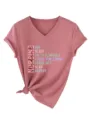 Detailed view of women casual V-neck short sleeve t-shirt with graphic print and stylish knot. - S / Tops / Rose Gold (Black Print)