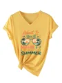 Maglietta casual da donna scollo V maniche corte gialla con grafica spiaggia e nodo frontale. - Taglia S / Top / Giallo