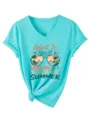 Stiloso t-shirt donna turchese scollo a V manica corta con stampa estiva e orlo annodato. - Taglia S / Top / blu profondo