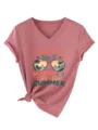 Maglietta da donna rosa casual con scollo a V e maniche corte con stampa spiaggia estiva. - Oro rosa