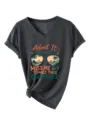 Maglietta donna vintage estiva grafica con scollo a V e nodo elegante sull'orlo. - grigio canapa scuro
