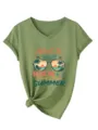 Maglietta donna scollo V manica corta grafica casual estate verde militare con stampa - Verde oliva