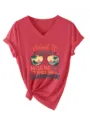 Donna rosso collo V manica corta maglietta grafica tempo libero estate spiaggia top - Rosso