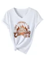Casual women's V-neck short-sleeve t-shirt with camping theme print and front knot design. - S / Tops / White