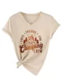 Close-up of khaki women's V-neck short sleeve t-shirt with graphic camping print design. - S / Tops / Sand