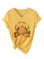 Yellow V-neck short sleeve t-shirt detail showing the camping crew graphic front print. - S / Top (3812) / Yellow