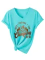 Detailed view of turquoise V-neck camping t-shirt with chic front knot and graphic print. - S / Top (3812) / Deep Water Blue