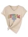 Vrouwen casual V-hals korte mouw t-shirt met knoop voor autism mama grafische print top - S / Tops / Zandkleur