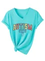 Turquoise V-hals korte mouw dames T-shirt met autism mama print en geknoopt zoomdetail. - S / Tops / Diep Waterblauw