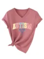 Dames V-hals korte mouw T-shirt casual knoop zoomtop met Autism Mama grafische print - S / Tops / Roségoud (Wit Grafisch)