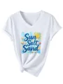 Lockeres Damen V-Ausschnitt Kurzarm T-Shirt mit Sun Salt Sand Sommer Strand Grafik Top. - S / Oberteile / Weiß