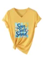 Damen gelbes V-Ausschnitt Kurzarm T-Shirt Detail mit schöner Sun Salt Sand Grafik. - S / Oberteile / Gelb (3812)