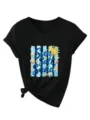 Camiseta casual de manga corta con cuello en V para mujer con gráfico de playa y nudo. - Negro