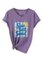 Camiseta morada melange de manga corta y cuello en V con detalle gráfico de verano. - Púrpura