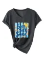 Camiseta mujer cuello V manga corta con estampado Sun Salt Sand y detalle de nudo frontal. - Gris Jaspeado Negro