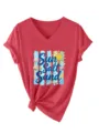 Mujer camiseta roja cuello V manga corta con estampado gráfico verano playa top casual - Rojo